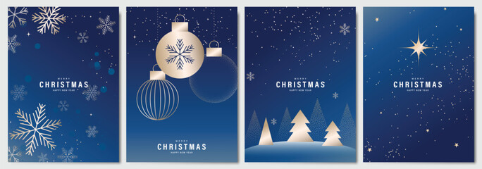 Christmas Luxury gold  invitation card design vector. Christmas pine leaves, snowflake with gold foil and spot texture on navy blue background. Design illustration for cover, print, poster, ads.