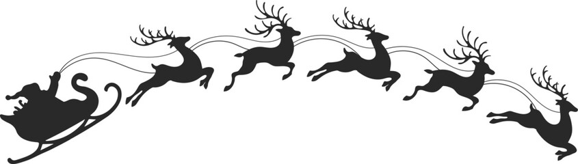 Santa Claus riding sleigh with reindeer, flying Christmas silhouette illustration, festive holiday scene, winter Christmas vector art, traditional Santa sleigh