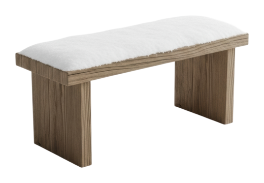 Minimalist wooden bench with soft cushion in modern interior isolated on transparent background