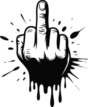 black and white, stenciled or linocut style. The central focus is a right hand delivering the middle finger