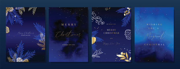 Christmas Luxury gold  invitation card design vector. Christmas pine leaves, snowflake with gold foil and spot texture on navy blue background. Design illustration for cover, print, poster, ads.