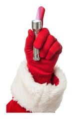 Festive action santa's hand holding flashlight holiday portrait isolated on transparent background
