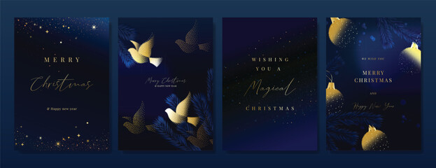 Christmas Luxury gold  invitation card design vector. Christmas pine leaves, snowflake with gold foil and spot texture on navy blue background. Design illustration for cover, print, poster, ads.