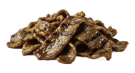 Grilled Meat Strips Pile on Gradient Brown Background with Grill Marks