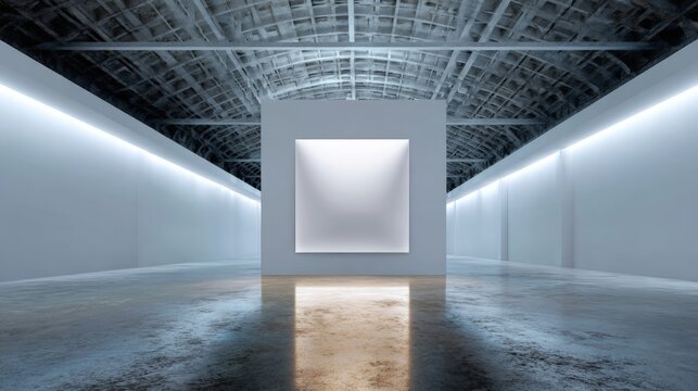 Empty room with a high ceiling made of concrete and metal beams. the room has a concrete floor and walls on both sides, with white walls on the left and right sides.