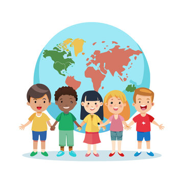 Vector art of diverse group of happy cartoon children holding hands in front of a world map, celebrating world adoption day with smiles and joy coni 
