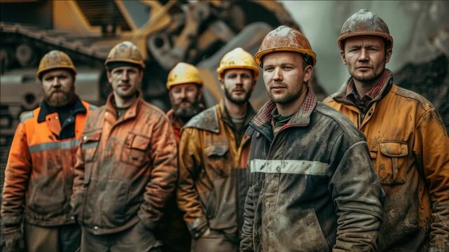 A group of six construction workers wearing hard hats and high visibility vests standing together in front of an industrial setting.