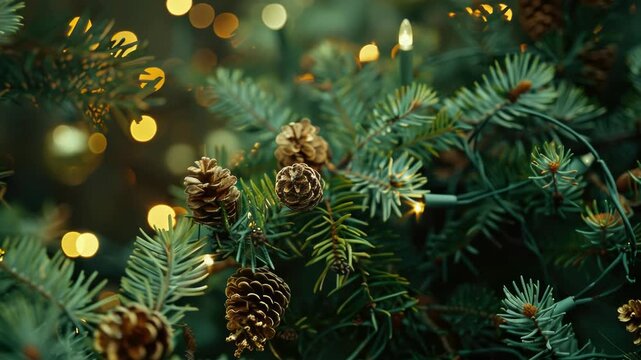 An elegant mistletoe sprig decorated with tiny glowing lights and pinecones. Festive holiday decoration in close-up.