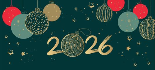 Merry Christmas and New Year 2026 set on green background. Hand drawn illustration.	
