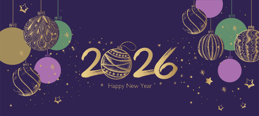 Merry Christmas and New Year 2026 set on blue background. Hand drawn illustration.	
