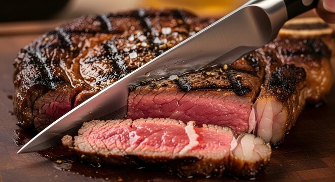 A perfectly cooked medium-rare steak being sliced with a sharp knife on a wooden cutting board, showcasing its juicy and tender interior