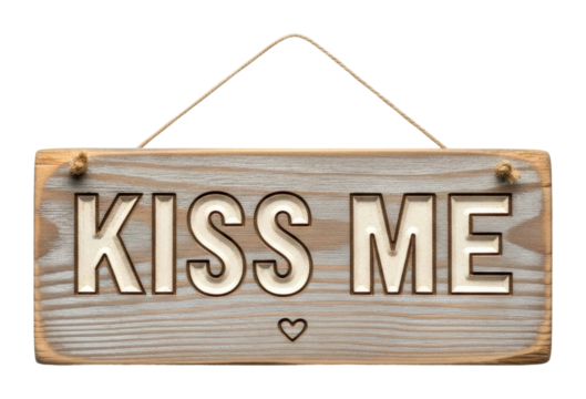 Romantic wooden sign kiss me for home view isolated on transparent background - Powered by Adobe