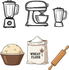 Cartoon Baking Equipment and Ingredients Collection on White Background