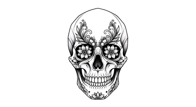 Detailed Sugar Skull Illustration with Floral Eye Sockets and Intricate Details.