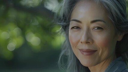 A close-up portrait of a smiling elderly Asian woman with grey hair looking to the left. She has a gentle facial expression and her gaze appears relaxed and content. - Powered by Adobe