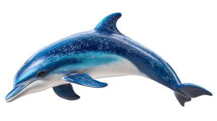 Blue dolphin with sparkling body swimming on transparent background