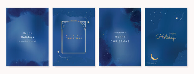 Christmas Luxury gold  invitation card design vector. Christmas pine leaves, snowflake with gold foil and spot texture on navy blue background. Design illustration for cover, print, poster, ads.