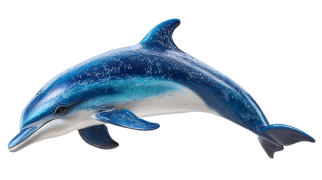 Blue dolphin with sparkling body swimming on transparent background