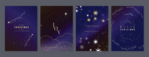 Christmas Luxury gold  invitation card design vector. Christmas pine leaves, snowflake with gold foil and spot texture on navy blue background. Design illustration for cover, print, poster, ads.