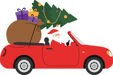 Cartoon Santa Claus driving red convertible car with Christmas tree and colorful gift boxes, festive holiday illustration, cheerful seasonal artwork design
