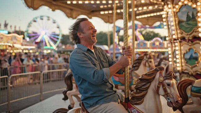Cheerful middle-aged man bursts into laughter while enjoying a classic carousel ride at an illuminated evening carnival or amusement park fair.