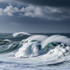 Powerful Ocean Waves Crashing Under a Stormy Sky.