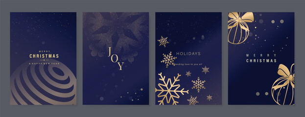 Christmas Luxury gold  invitation card design vector. Christmas pine leaves, snowflake with gold foil and spot texture on navy blue background. Design illustration for cover, print, poster, ads.
