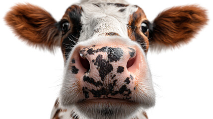 Close up of a cows face with black spots on transparent background