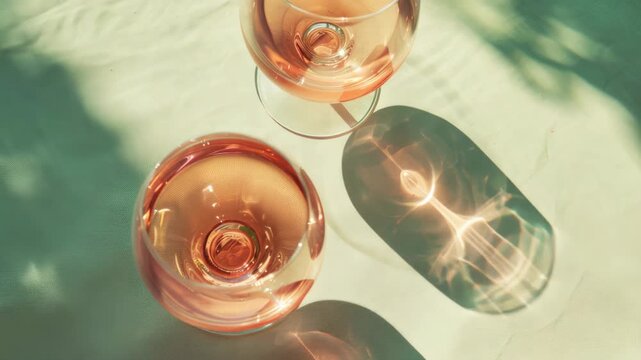 Two wine glasses filled with pinkish-orange liquid, casting shadows in the sunlight, suggesting a pleasant outdoor setting or a romantic atmosphere.