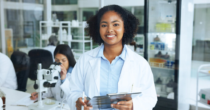 Clipboard, portrait and smile with woman in laboratory for medical or pharmaceutical research. Checklist, paperwork and science with happy doctor at work on clinical trial data, results or review