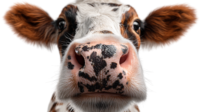 Close up of a cows face with black spots on transparent background