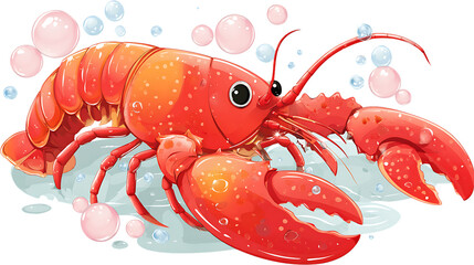 Cartoon red lobster with bubbles in water on transparent background