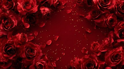 Romantic valentine's day background with vibrant red roses, soft glowing hearts, and festive love-themed decorations for greeting cards, invitations, and celebration designs