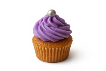 Sweet vanilla cupcake with vibrant purple icing and an elegant silver sugar pearl, featuring a transparent background