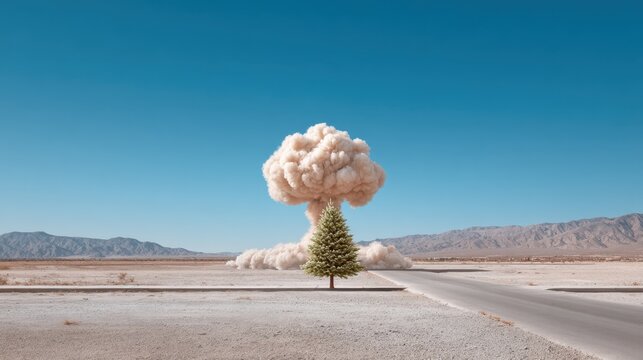 Nuclear mushroom cloud rises dramatically over desolate landscape with lone tree amidst a barren expanse. Christmas and New Year. Winter Wonderland