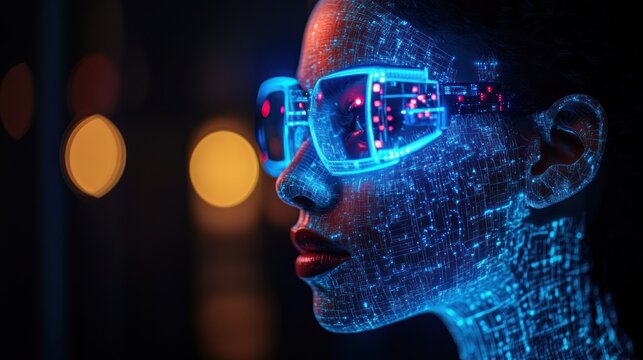 Woman with glowing, digital glasses