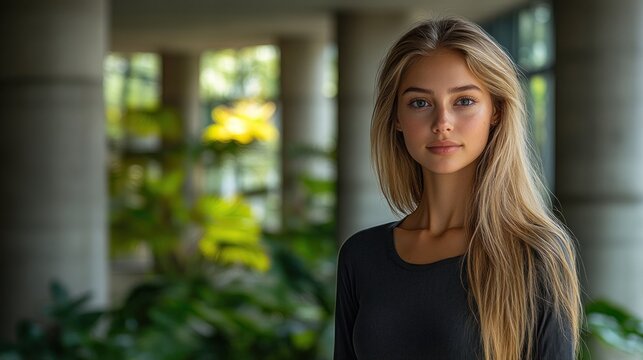 Woman with long blonde hair, calm expression