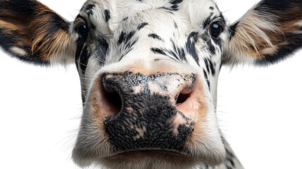 Close up of a cows face with black and white spots on transparent background
