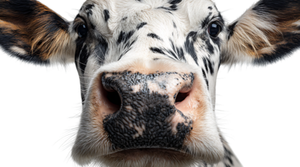 Close up of a cows face with black and white spots on transparent background