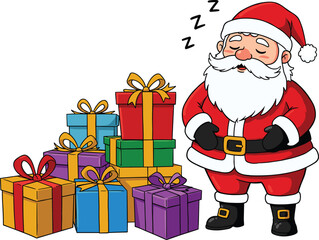 Cartoon Santa Claus sleeping beside colorful wrapped presents, festive Christmas holiday illustration with gifts, ribbons, bows, humorous seasonal design