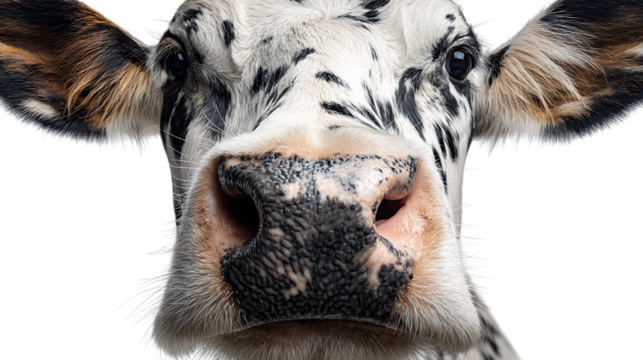 Close up of a cows face with black and white spots on transparent background