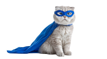 Scottish fold cat wearing a superhero mask and blue cape on transparent background