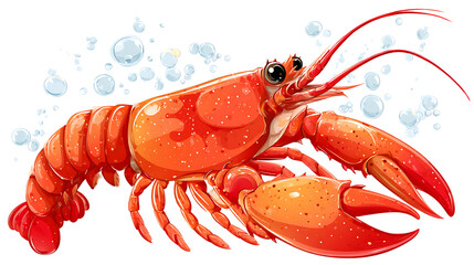 Bright red lobster with bubbles on transparent background