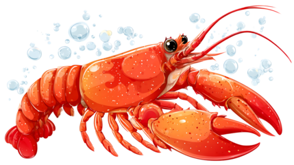 Bright red lobster with bubbles on transparent background