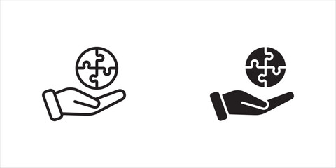 Teamwork. Hand and puzzles linear icon set. Line customizable illustration. Contour symbol. Vector isolated outline drawing. Editable stroke vector illustration, eps10.
