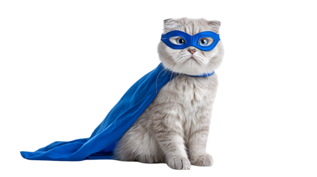 Scottish fold cat wearing a superhero mask and blue cape on transparent background