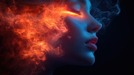 Fototapeta premium Woman's face, fire, smoke, vibrant