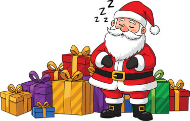 Cartoon Santa Claus sleeping with colorful wrapped gift boxes, festive Christmas holiday illustration, humorous seasonal design with ribbons, bows, cheerful presents