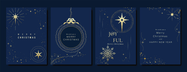 Christmas Luxury gold invitation card design vector. Christmas pine leaves, snowflake with gold foil and spot texture on navy blue background. Design illustration for cover, print, poster, ads.