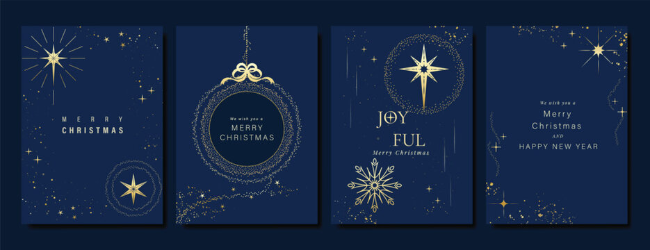 Christmas Luxury gold  invitation card design vector. Christmas pine leaves, snowflake with gold foil and spot texture on navy blue background. Design illustration for cover, print, poster, ads.